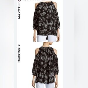MAX STUDIO S Top Cold Shoulder Black Floral Print Blouse Long Sleeve EUC Sz S